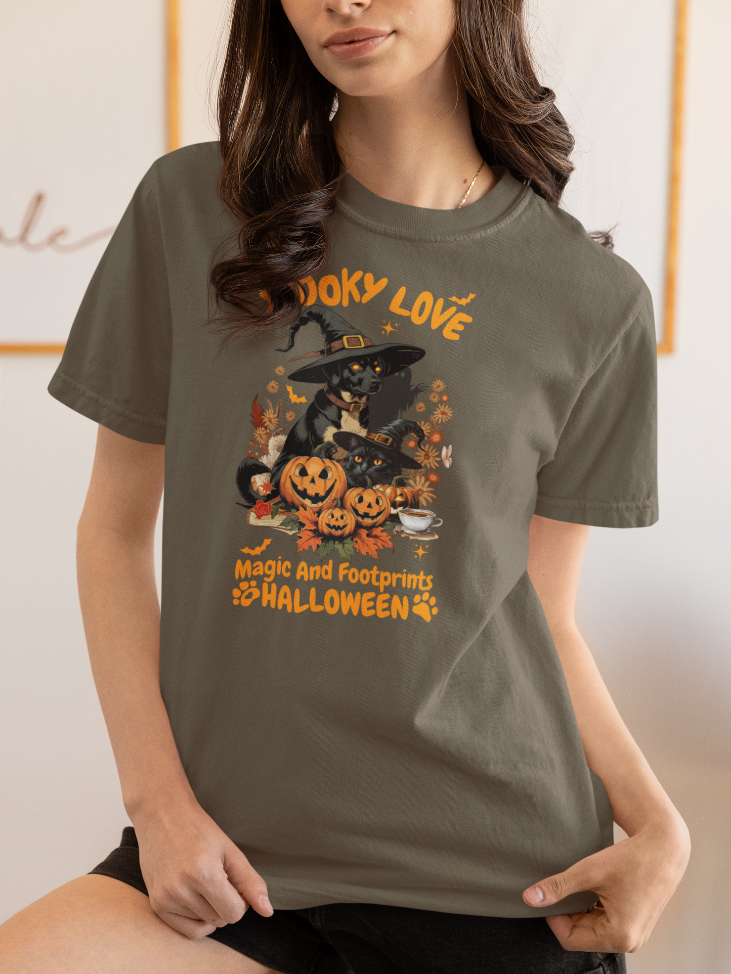 Women's Halloween T-Shirt "Spooky Love." Funny T-Shirt with Magical Paw Prints and Fall Pumpkins, Halloween Costume T-Shirt