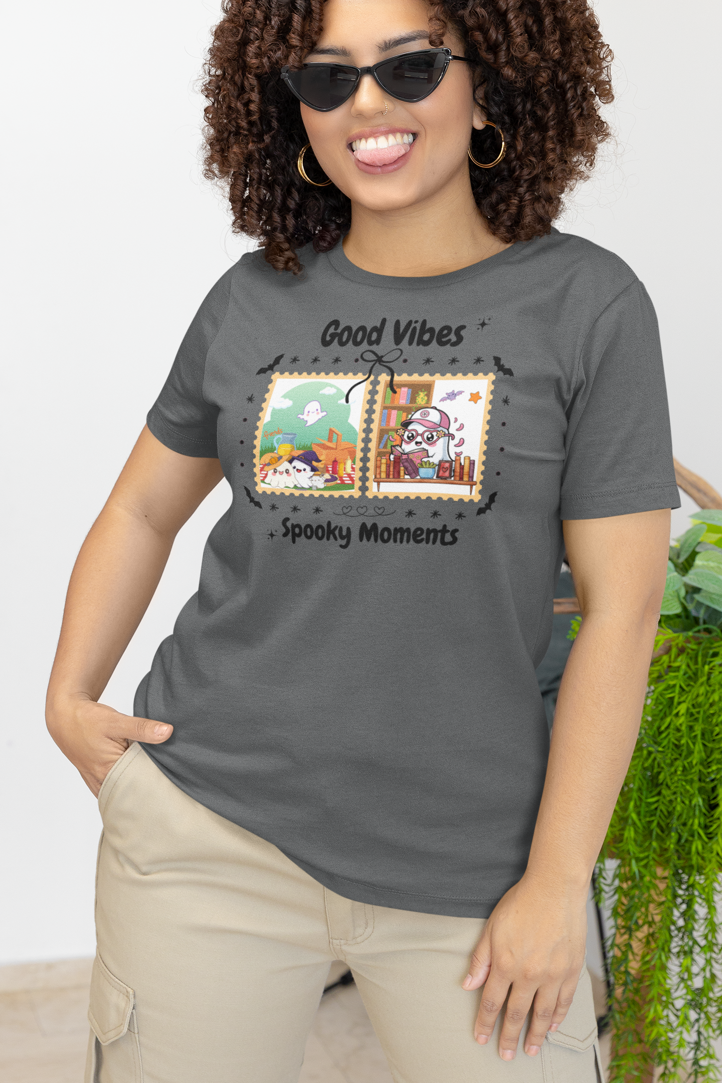 Women's Halloween T-Shirt "Ghosts in Action" - Between Books, Coffee, and a Fall Picnic. Fun Halloween T-Shirt for Work, Picnics, and Fun Casual and Festive Fall Style