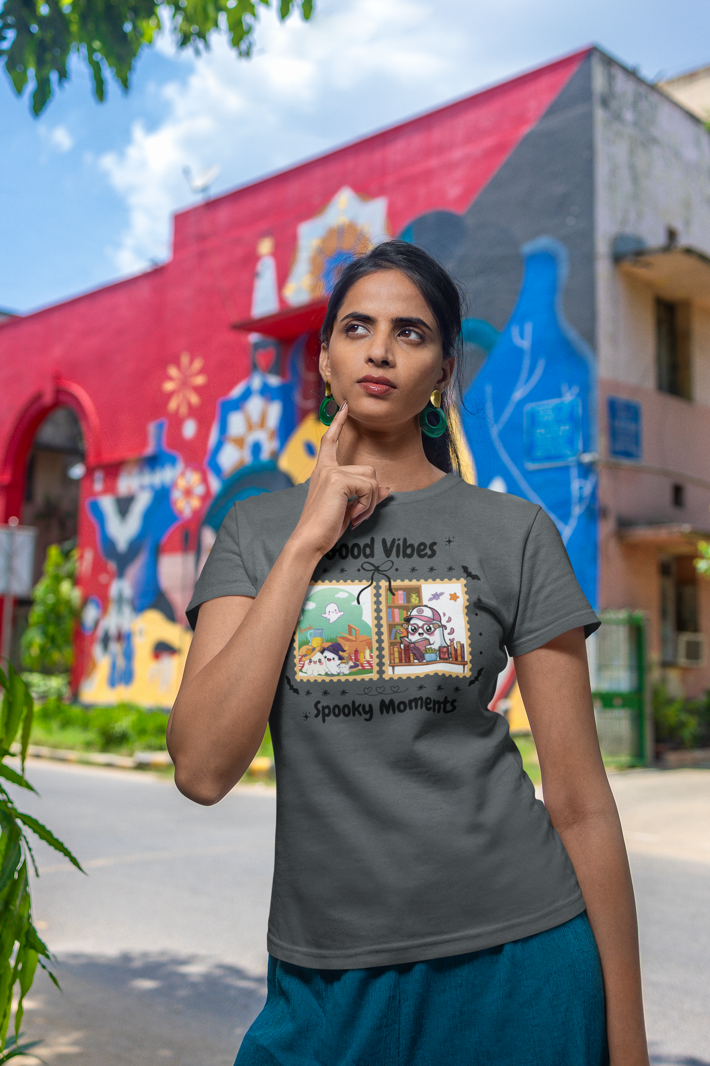 Women's Halloween T-Shirt "Ghosts in Action" - Between Books, Coffee, and a Fall Picnic. Fun Halloween T-Shirt for Work, Picnics, and Fun Casual and Festive Fall Style