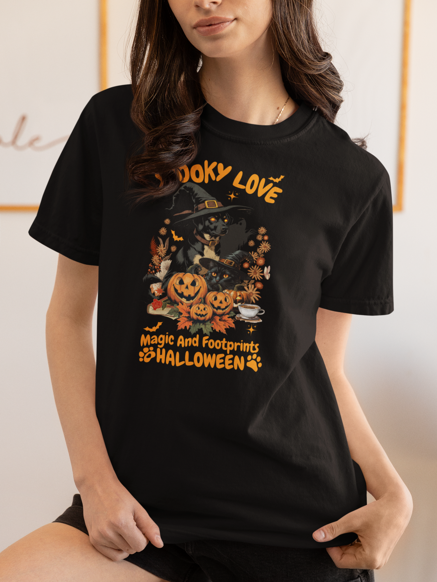 Women's Halloween T-Shirt "Spooky Love." Funny T-Shirt with Magical Paw Prints and Fall Pumpkins, Halloween Costume T-Shirt
