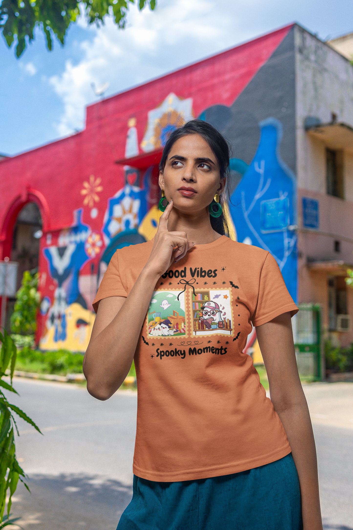 Women's Halloween T-Shirt "Ghosts in Action" - Between Books, Coffee, and a Fall Picnic. Fun Halloween T-Shirt for Work, Picnics, and Fun Casual and Festive Fall Style