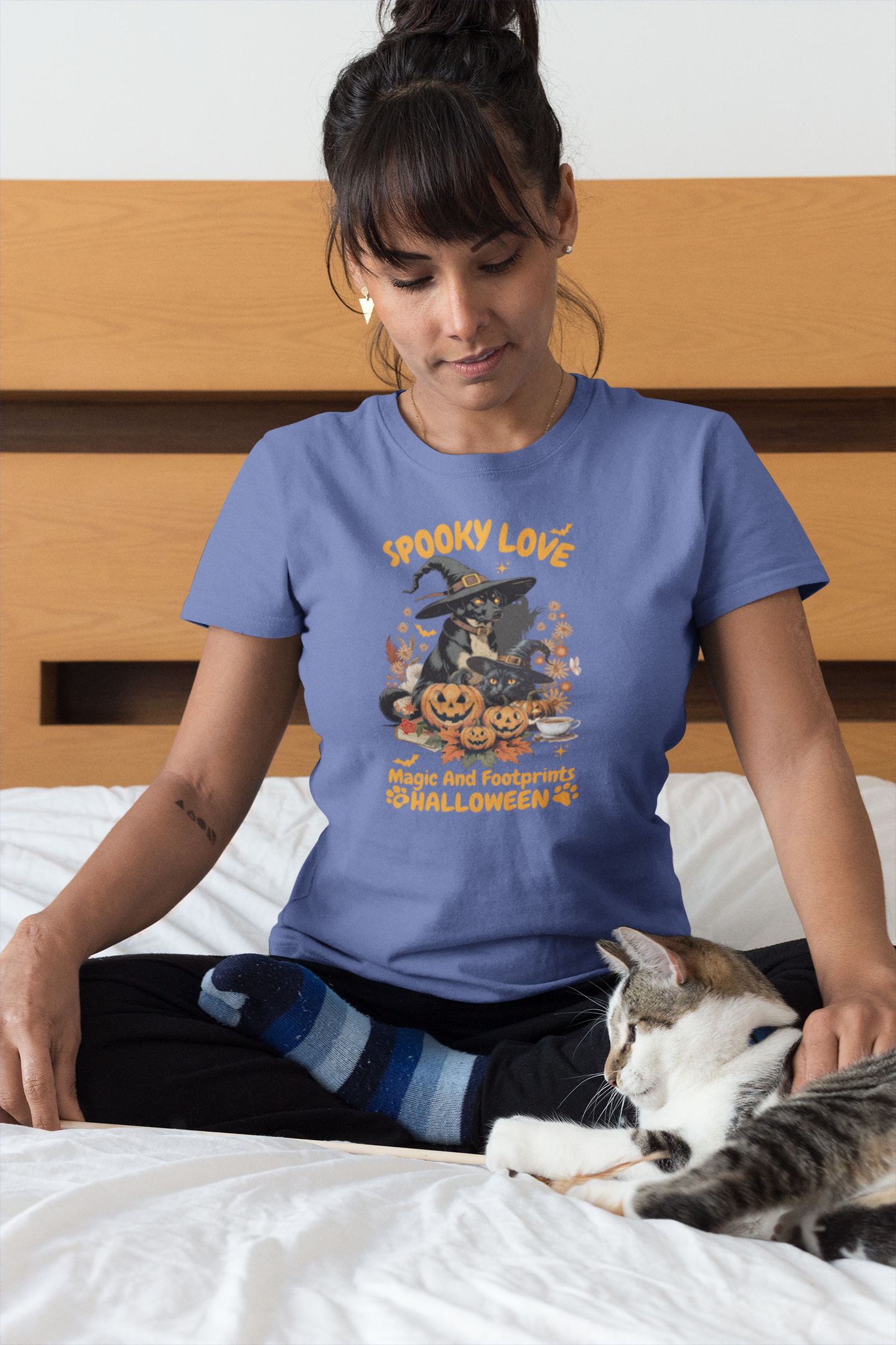 Women's Halloween T-Shirt "Spooky Love." Funny T-Shirt with Magical Paw Prints and Fall Pumpkins, Halloween Costume T-Shirt