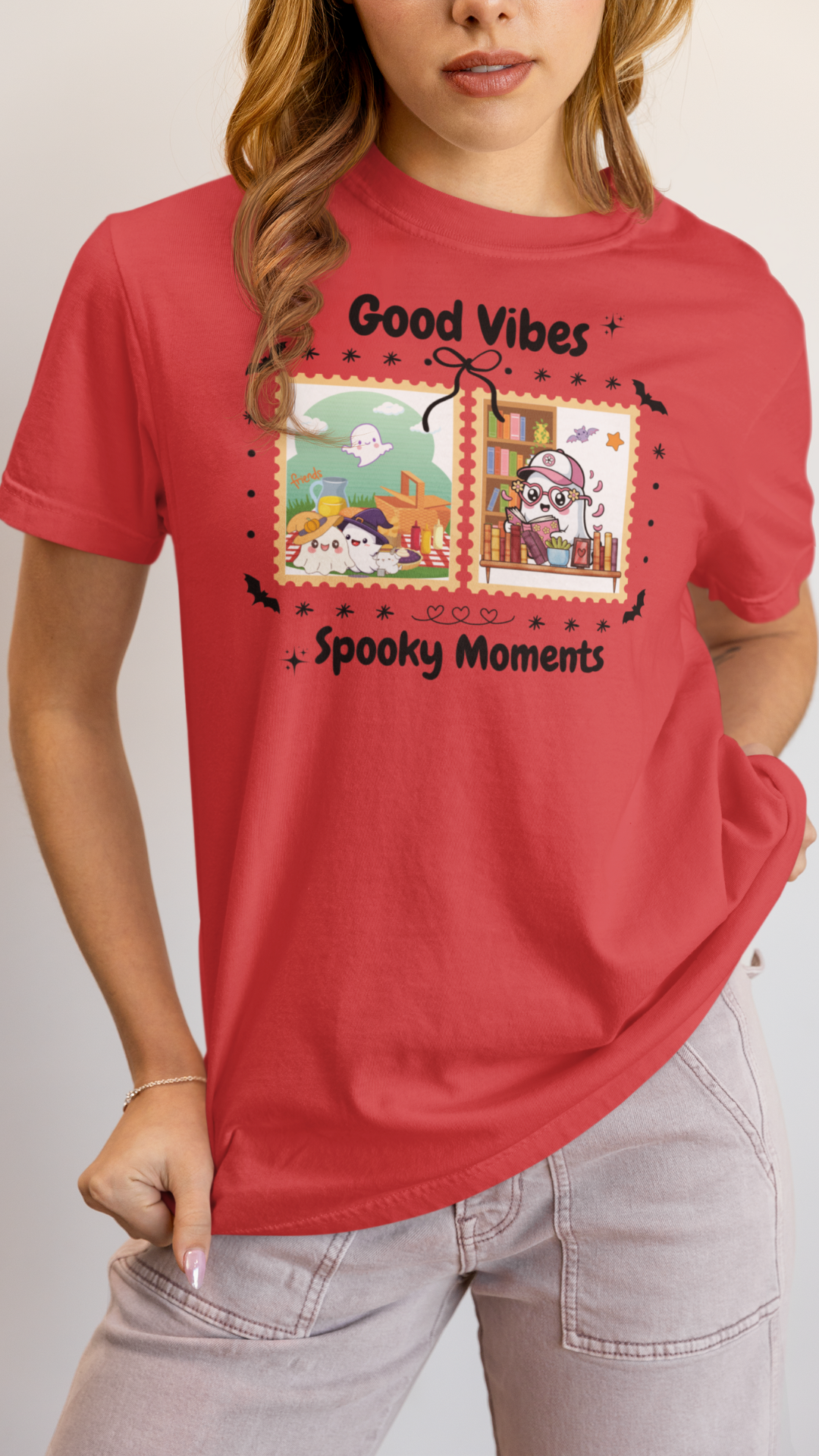Women's Halloween T-Shirt "Ghosts in Action" - Between Books, Coffee, and a Fall Picnic. Fun Halloween T-Shirt for Work, Picnics, and Fun Casual and Festive Fall Style