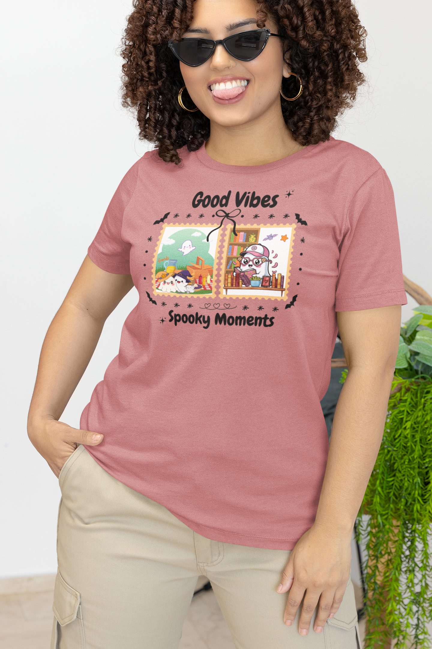 Women's Halloween T-Shirt "Ghosts in Action" - Between Books, Coffee, and a Fall Picnic. Fun Halloween T-Shirt for Work, Picnics, and Fun Casual and Festive Fall Style