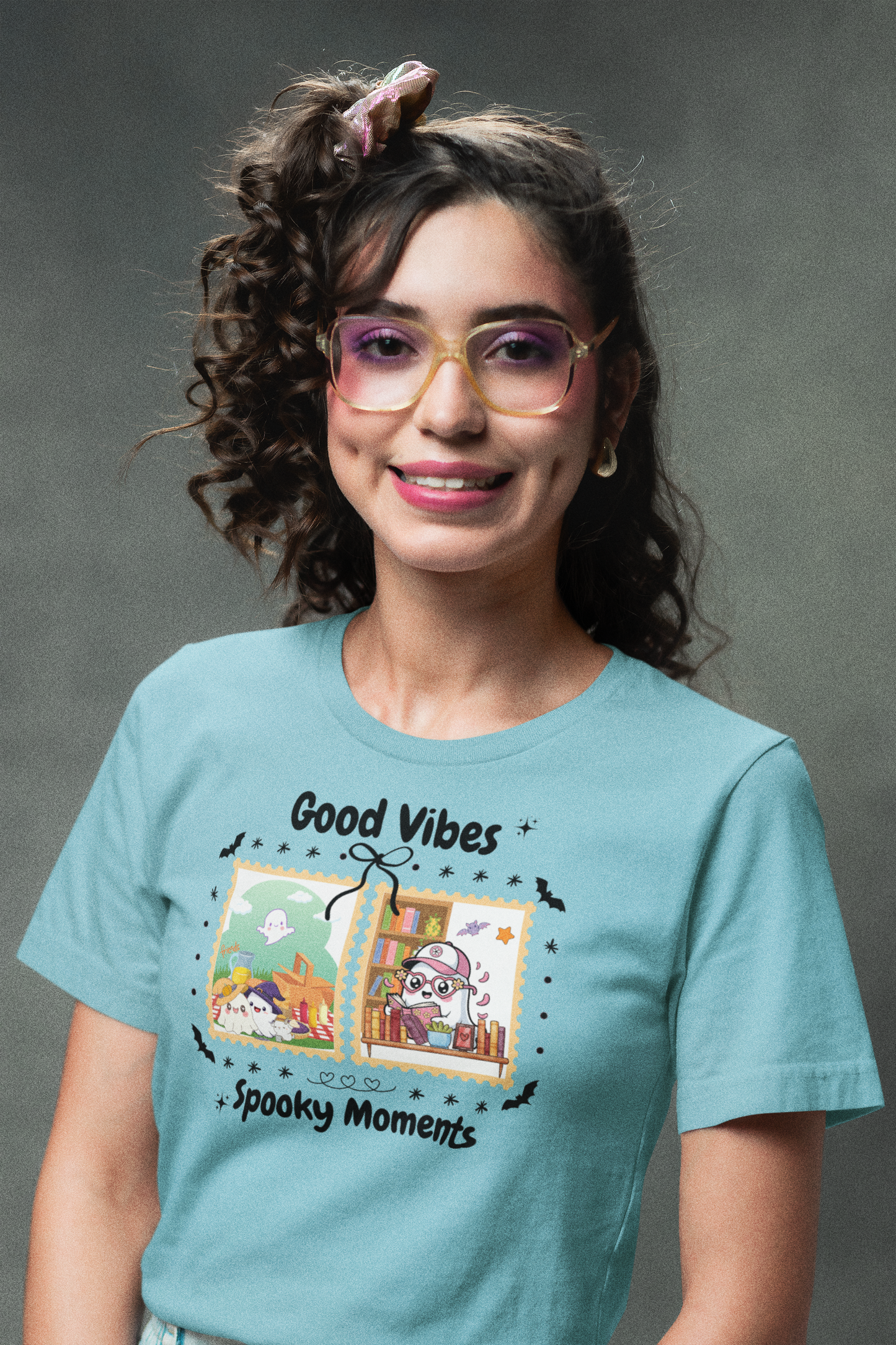 Women's Halloween T-Shirt "Ghosts in Action" - Between Books, Coffee, and a Fall Picnic. Fun Halloween T-Shirt for Work, Picnics, and Fun Casual and Festive Fall Style