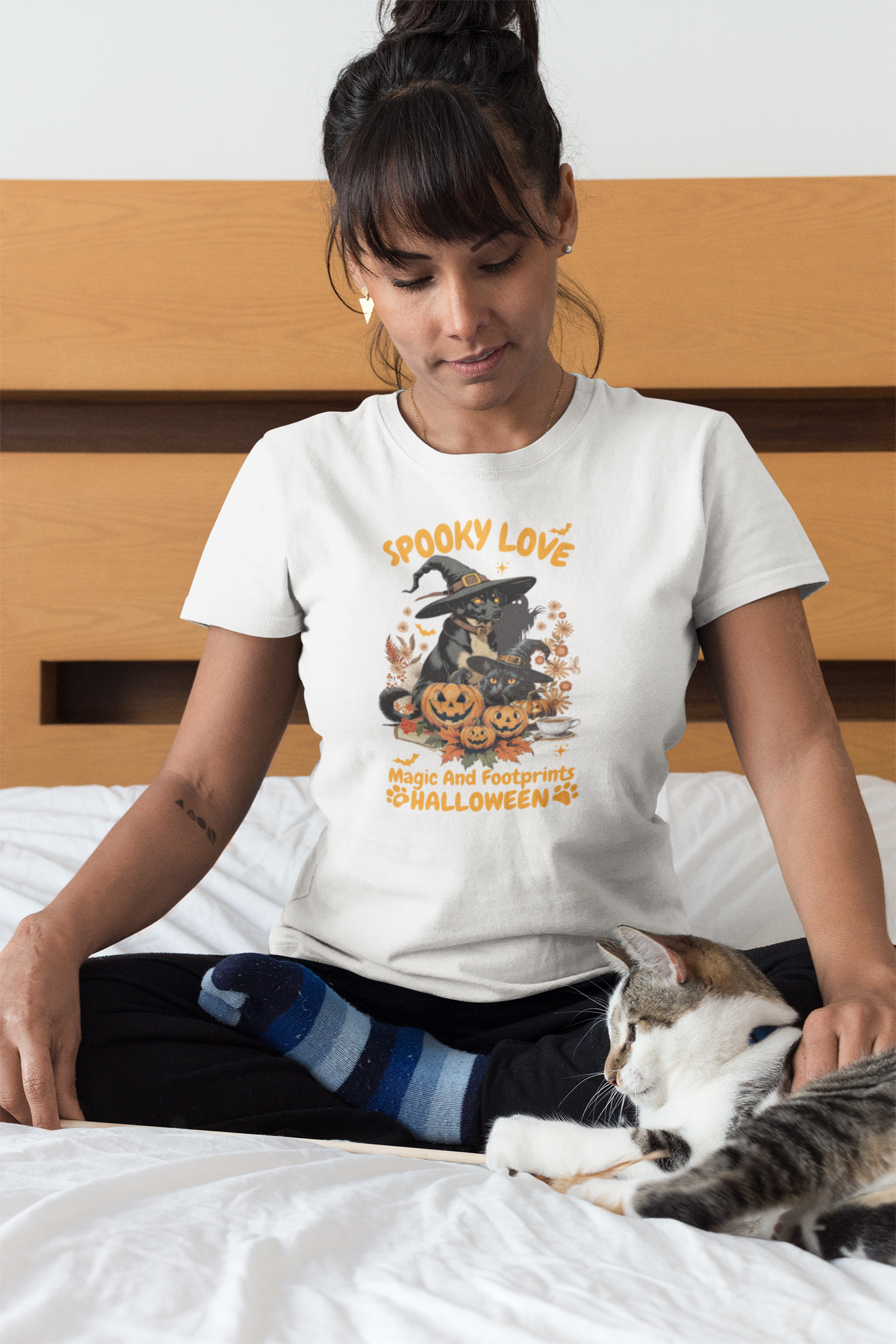 Women's Halloween T-Shirt "Spooky Love." Funny T-Shirt with Magical Paw Prints and Fall Pumpkins, Halloween Costume T-Shirt