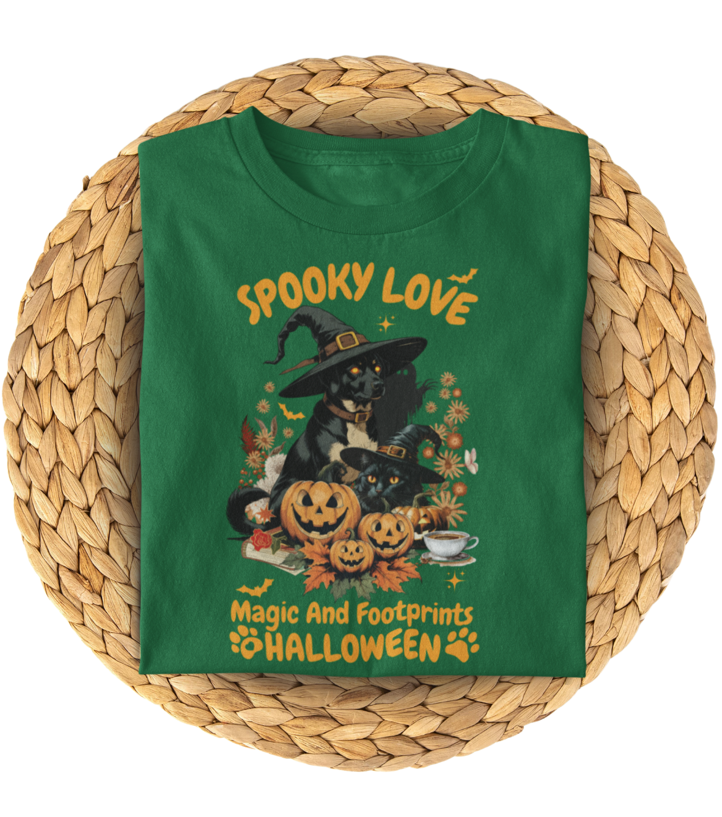 Women's Halloween T-Shirt "Spooky Love." Funny T-Shirt with Magical Paw Prints and Fall Pumpkins, Halloween Costume T-Shirt