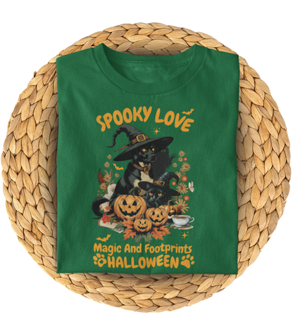 Women's Halloween T-Shirt "Spooky Love." Funny T-Shirt with Magical Paw Prints and Fall Pumpkins, Halloween Costume T-Shirt