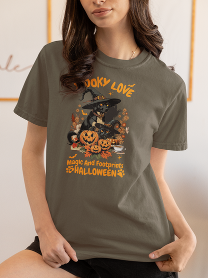 Women's Halloween T-Shirt "Spooky Love." Funny T-Shirt with Magical Paw Prints and Fall Pumpkins, Halloween Costume T-Shirt