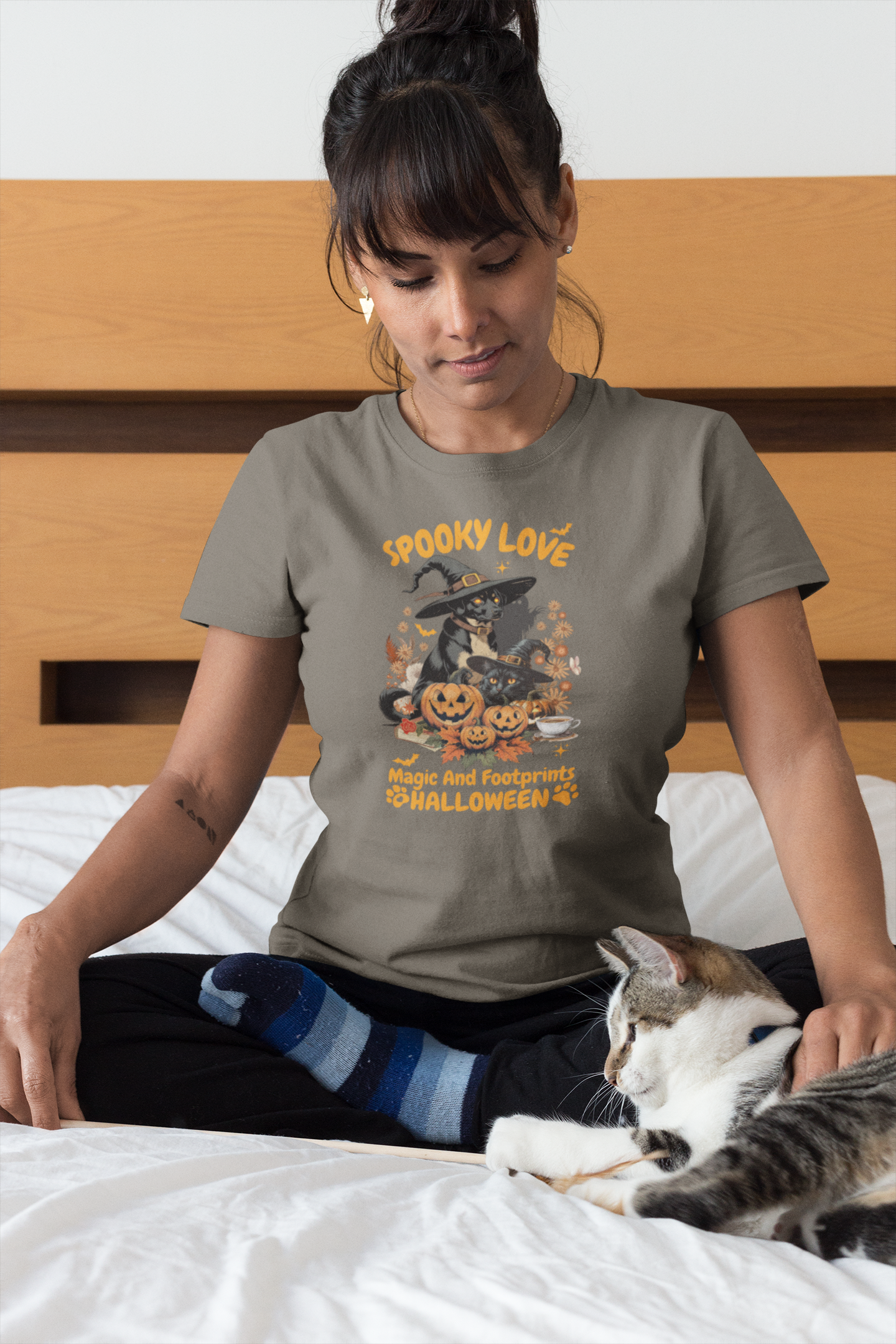 Women's Halloween T-Shirt "Spooky Love." Funny T-Shirt with Magical Paw Prints and Fall Pumpkins, Halloween Costume T-Shirt