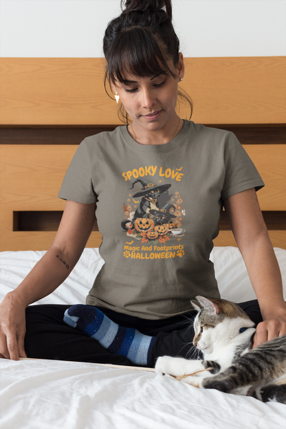 Women's Halloween T-Shirt "Spooky Love." Funny T-Shirt with Magical Paw Prints and Fall Pumpkins, Halloween Costume T-Shirt