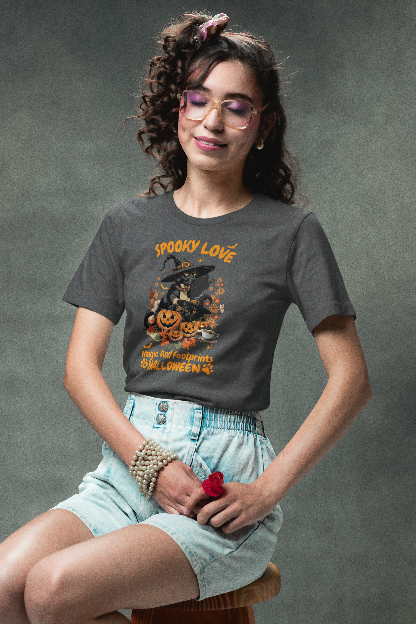 Women's Halloween T-Shirt "Spooky Love." Funny T-Shirt with Magical Paw Prints and Fall Pumpkins, Halloween Costume T-Shirt