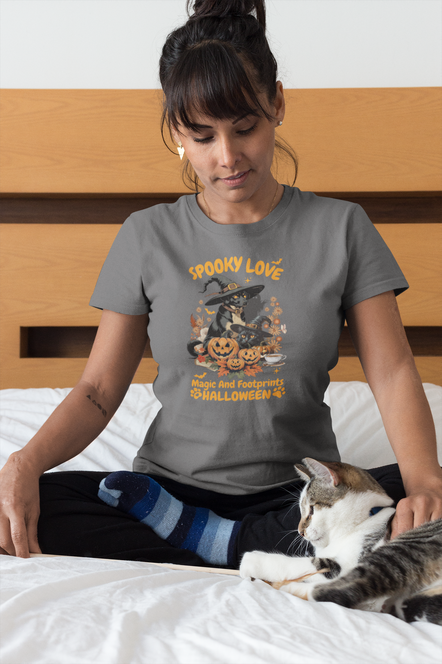 Women's Halloween T-Shirt "Spooky Love." Funny T-Shirt with Magical Paw Prints and Fall Pumpkins, Halloween Costume T-Shirt