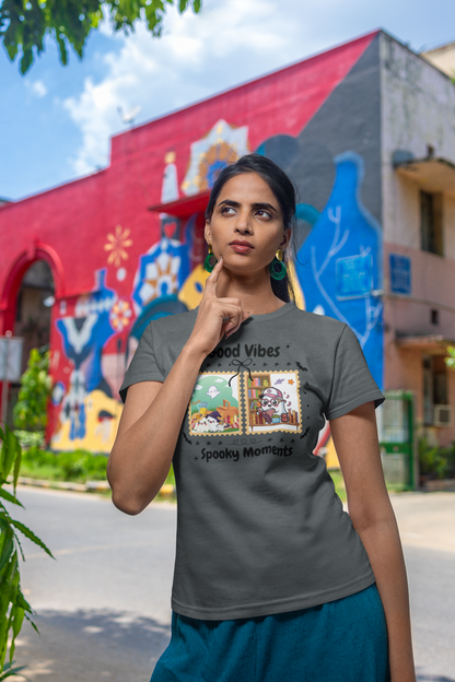 Women's Halloween T-Shirt "Ghosts in Action" - Between Books, Coffee, and a Fall Picnic. Fun Halloween T-Shirt for Work, Picnics, and Fun Casual and Festive Fall Style