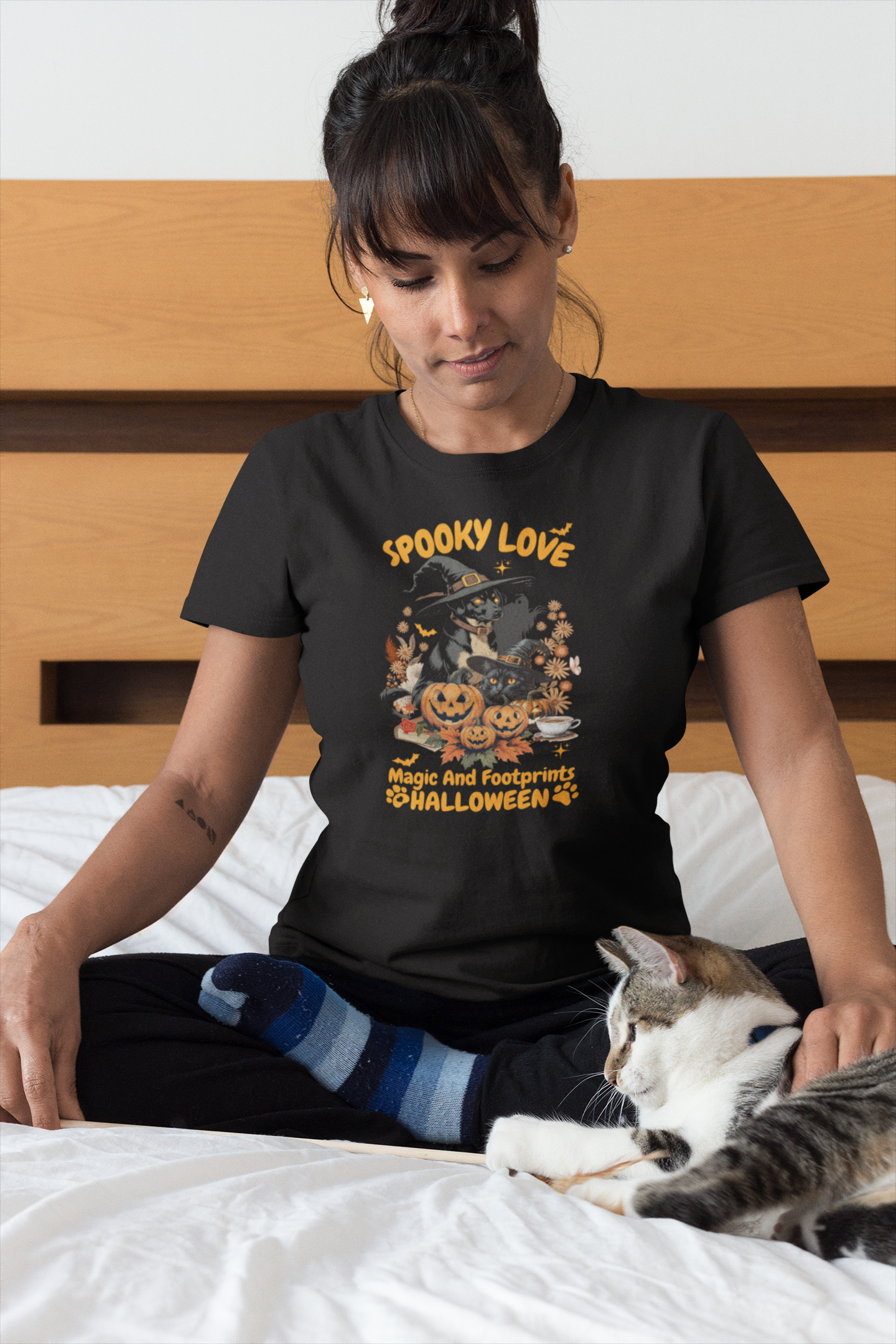 Women's Halloween T-Shirt "Spooky Love." Funny T-Shirt with Magical Paw Prints and Fall Pumpkins, Halloween Costume T-Shirt