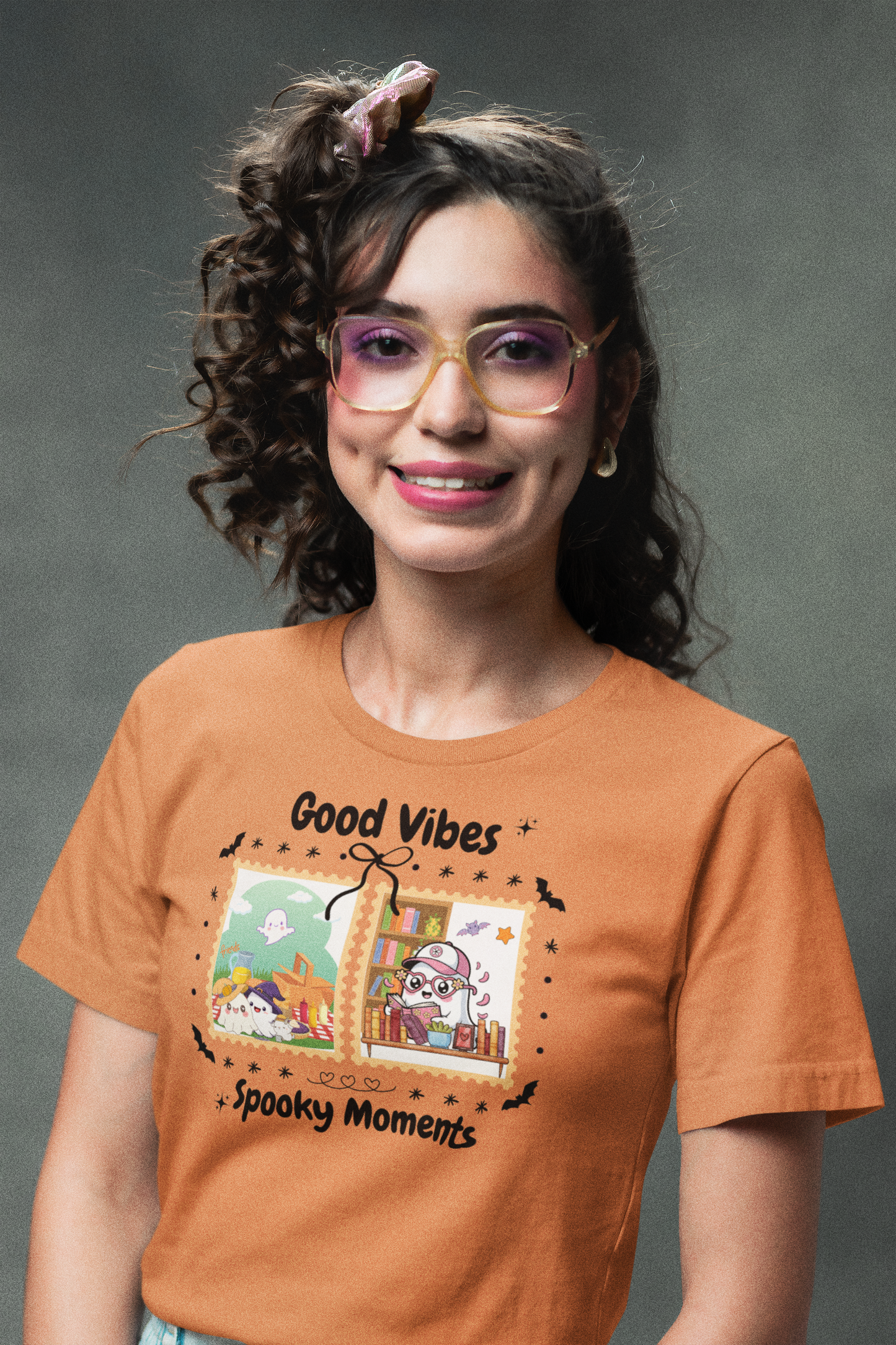 Women's Halloween T-Shirt "Ghosts in Action" - Between Books, Coffee, and a Fall Picnic. Fun Halloween T-Shirt for Work, Picnics, and Fun Casual and Festive Fall Style