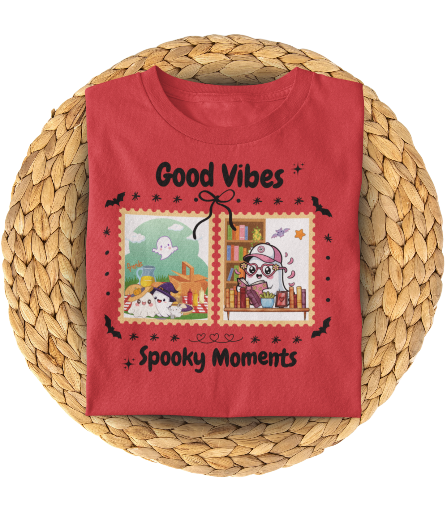Women's Halloween T-Shirt "Ghosts in Action" - Between Books, Coffee, and a Fall Picnic. Fun Halloween T-Shirt for Work, Picnics, and Fun Casual and Festive Fall Style