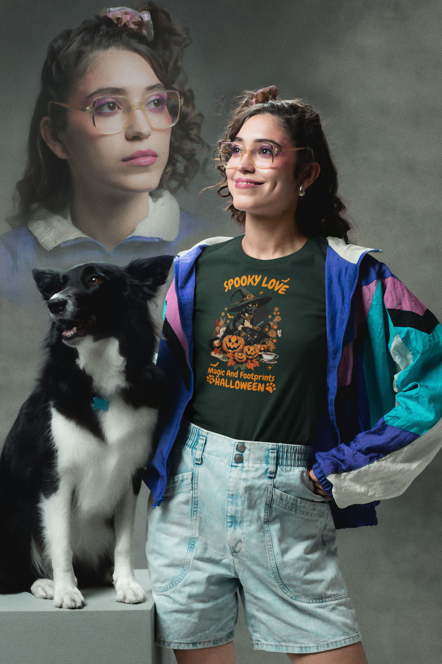 Women's Halloween T-Shirt "Spooky Love." Funny T-Shirt with Magical Paw Prints and Fall Pumpkins, Halloween Costume T-Shirt