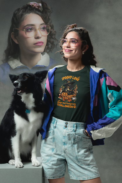 Women's Halloween T-Shirt "Spooky Love." Funny T-Shirt with Magical Paw Prints and Fall Pumpkins, Halloween Costume T-Shirt