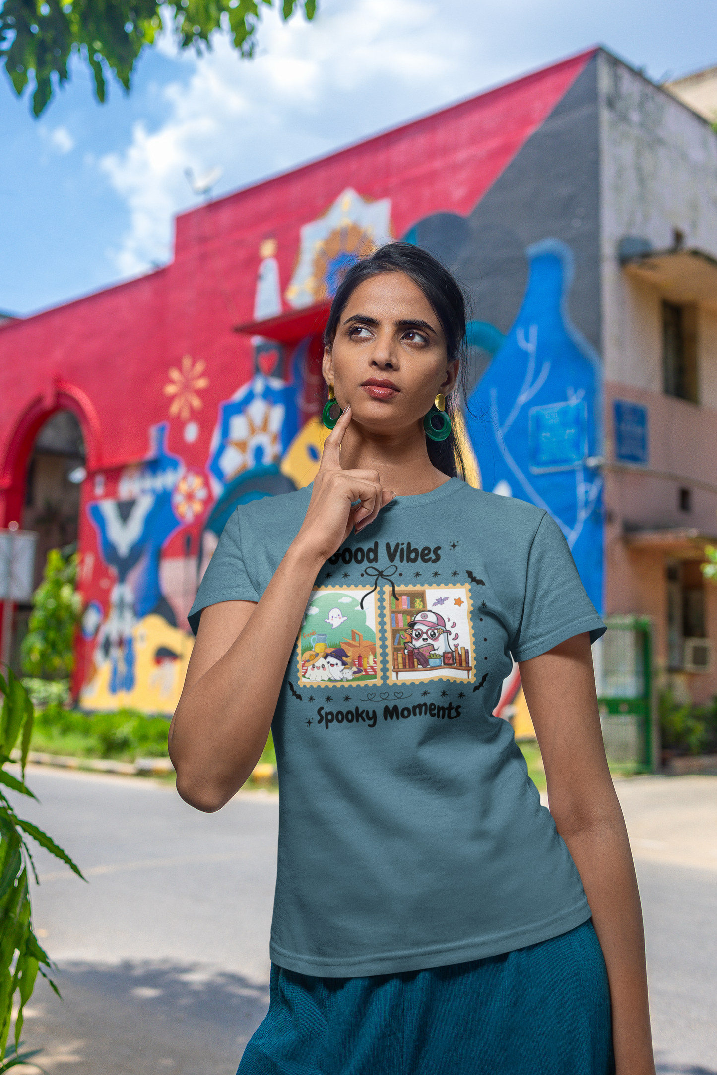 Women's Halloween T-Shirt "Ghosts in Action" - Between Books, Coffee, and a Fall Picnic. Fun Halloween T-Shirt for Work, Picnics, and Fun Casual and Festive Fall Style