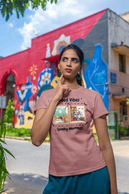 Women's Halloween T-Shirt "Ghosts in Action" - Between Books, Coffee, and a Fall Picnic. Fun Halloween T-Shirt for Work, Picnics, and Fun Casual and Festive Fall Style