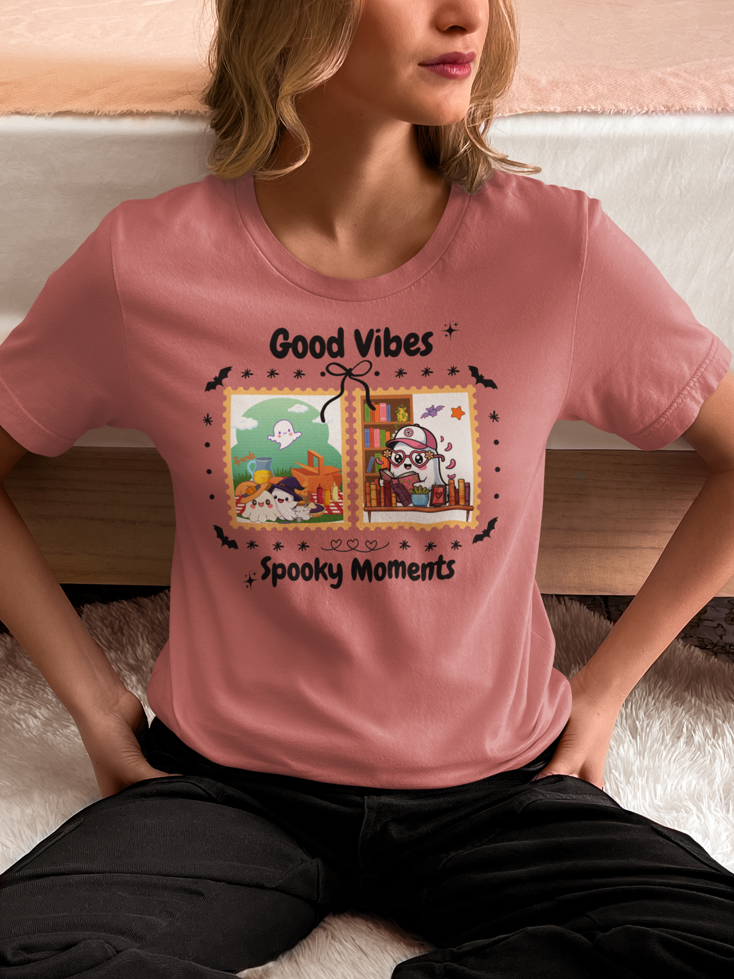 Women's Halloween T-Shirt "Ghosts in Action" - Between Books, Coffee, and a Fall Picnic. Fun Halloween T-Shirt for Work, Picnics, and Fun Casual and Festive Fall Style