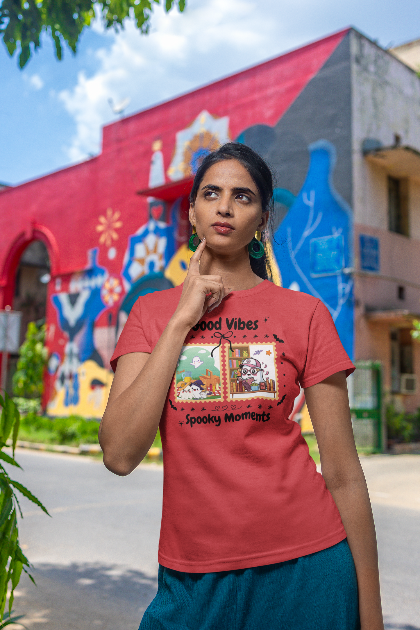 Women's Halloween T-Shirt "Ghosts in Action" - Between Books, Coffee, and a Fall Picnic. Fun Halloween T-Shirt for Work, Picnics, and Fun Casual and Festive Fall Style