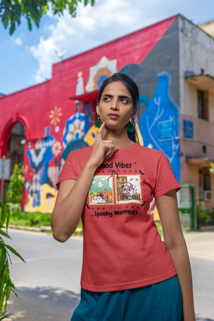 Women's Halloween T-Shirt "Ghosts in Action" - Between Books, Coffee, and a Fall Picnic. Fun Halloween T-Shirt for Work, Picnics, and Fun Casual and Festive Fall Style