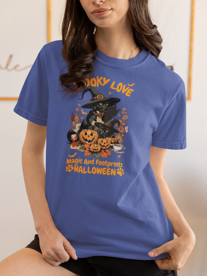 Women's Halloween T-Shirt "Spooky Love." Funny T-Shirt with Magical Paw Prints and Fall Pumpkins, Halloween Costume T-Shirt