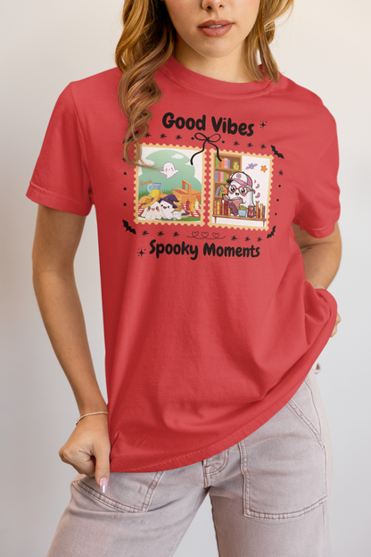 Women's Halloween T-Shirt "Ghosts in Action" - Between Books, Coffee, and a Fall Picnic. Fun Halloween T-Shirt for Work, Picnics, and Fun Casual and Festive Fall Style