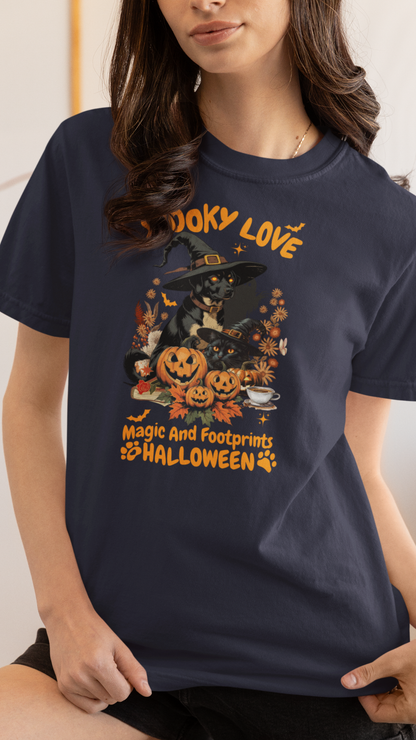 Women's Halloween T-Shirt "Spooky Love." Funny T-Shirt with Magical Paw Prints and Fall Pumpkins, Halloween Costume T-Shirt