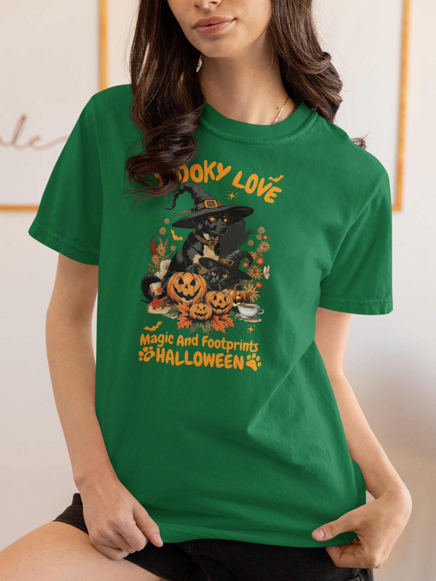 Women's Halloween T-Shirt "Spooky Love." Funny T-Shirt with Magical Paw Prints and Fall Pumpkins, Halloween Costume T-Shirt