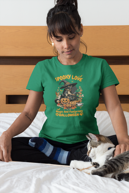 Women's Halloween T-Shirt "Spooky Love." Funny T-Shirt with Magical Paw Prints and Fall Pumpkins, Halloween Costume T-Shirt