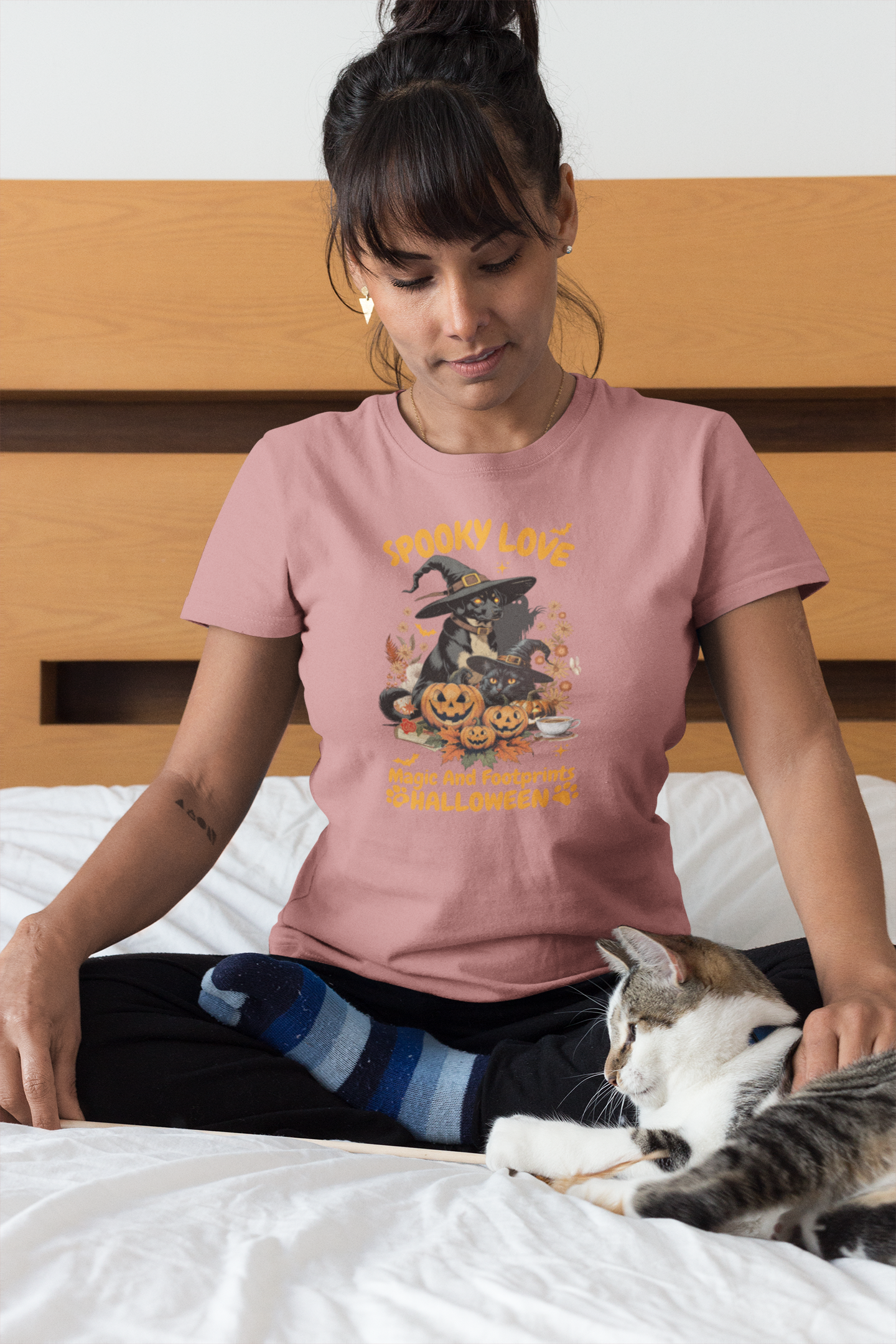 Women's Halloween T-Shirt "Spooky Love." Funny T-Shirt with Magical Paw Prints and Fall Pumpkins, Halloween Costume T-Shirt