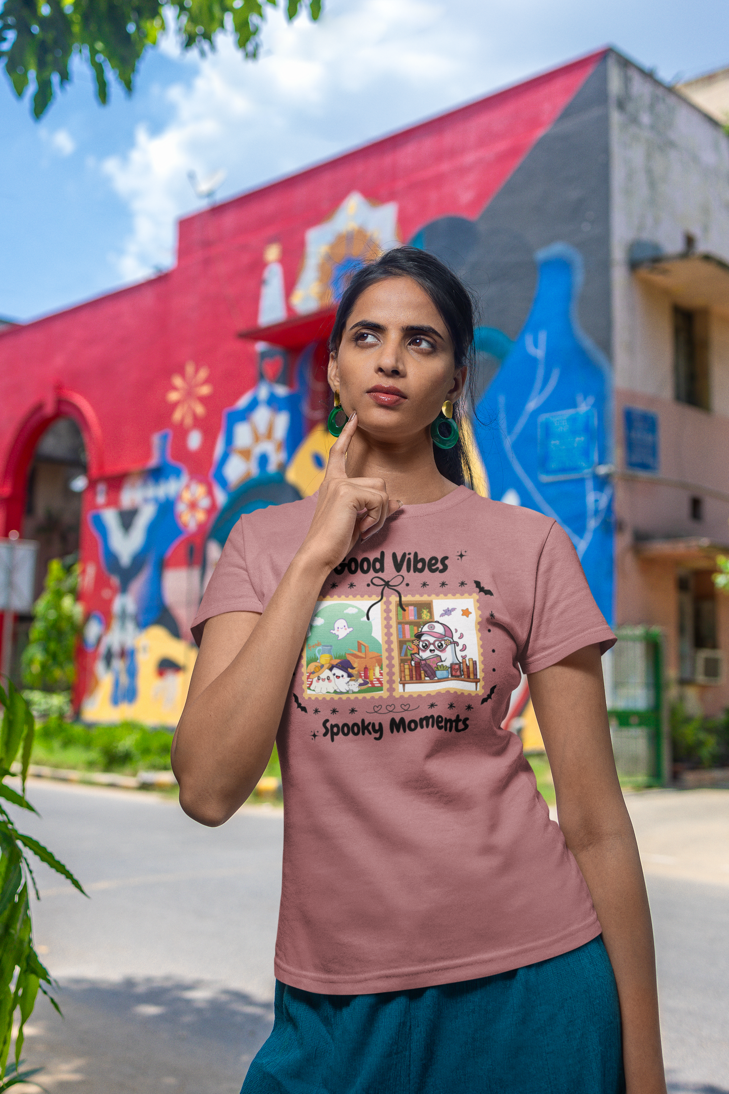 Women's Halloween T-Shirt "Ghosts in Action" - Between Books, Coffee, and a Fall Picnic. Fun Halloween T-Shirt for Work, Picnics, and Fun Casual and Festive Fall Style