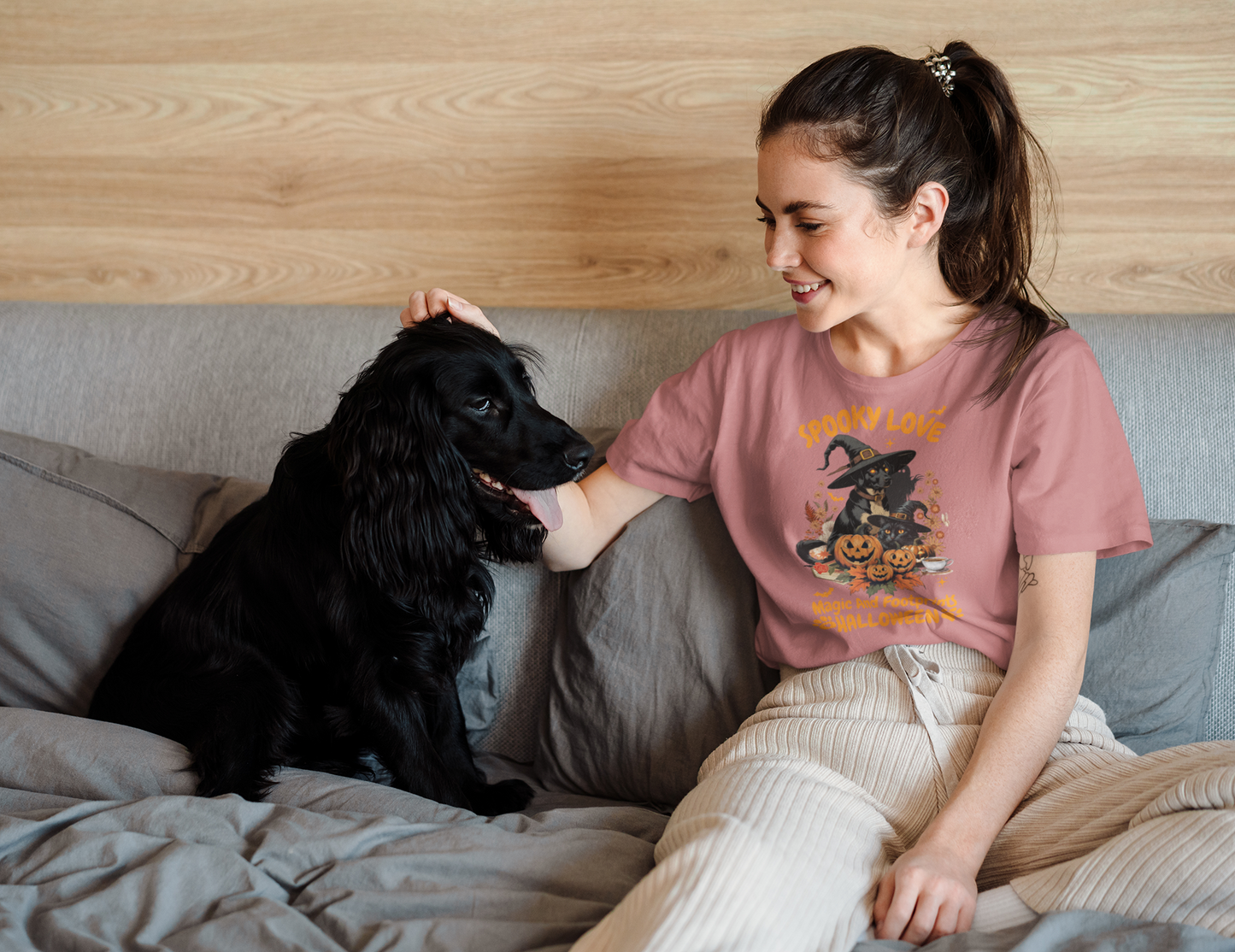 Women's Halloween T-Shirt "Spooky Love." Funny T-Shirt with Magical Paw Prints and Fall Pumpkins, Halloween Costume T-Shirt