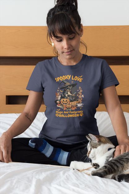 Women's Halloween T-Shirt "Spooky Love." Funny T-Shirt with Magical Paw Prints and Fall Pumpkins, Halloween Costume T-Shirt
