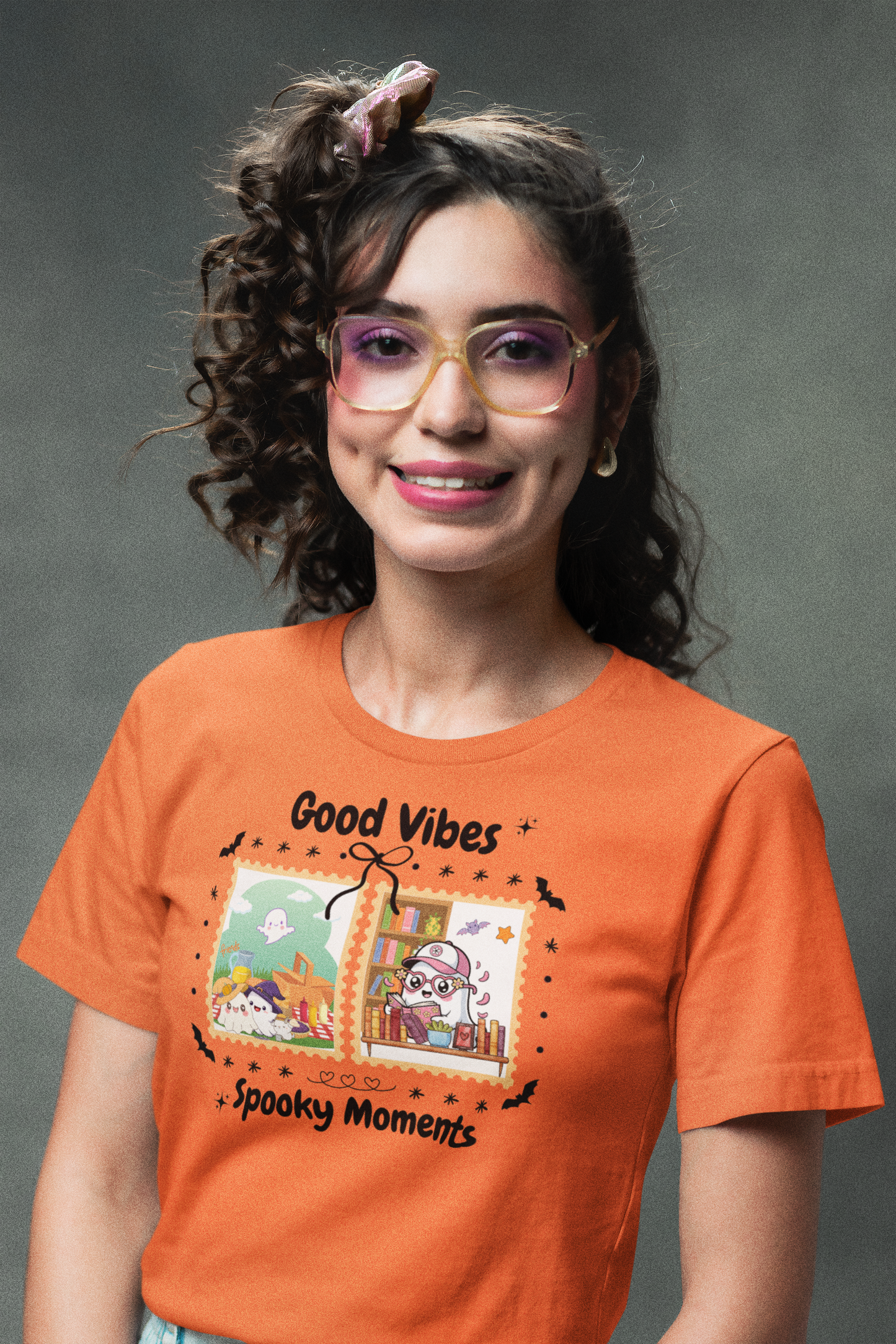 Women's Halloween T-Shirt "Ghosts in Action" - Between Books, Coffee, and a Fall Picnic. Fun Halloween T-Shirt for Work, Picnics, and Fun Casual and Festive Fall Style