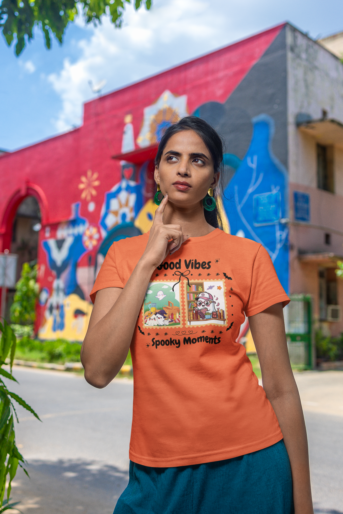 Women's Halloween T-Shirt "Ghosts in Action" - Between Books, Coffee, and a Fall Picnic. Fun Halloween T-Shirt for Work, Picnics, and Fun Casual and Festive Fall Style