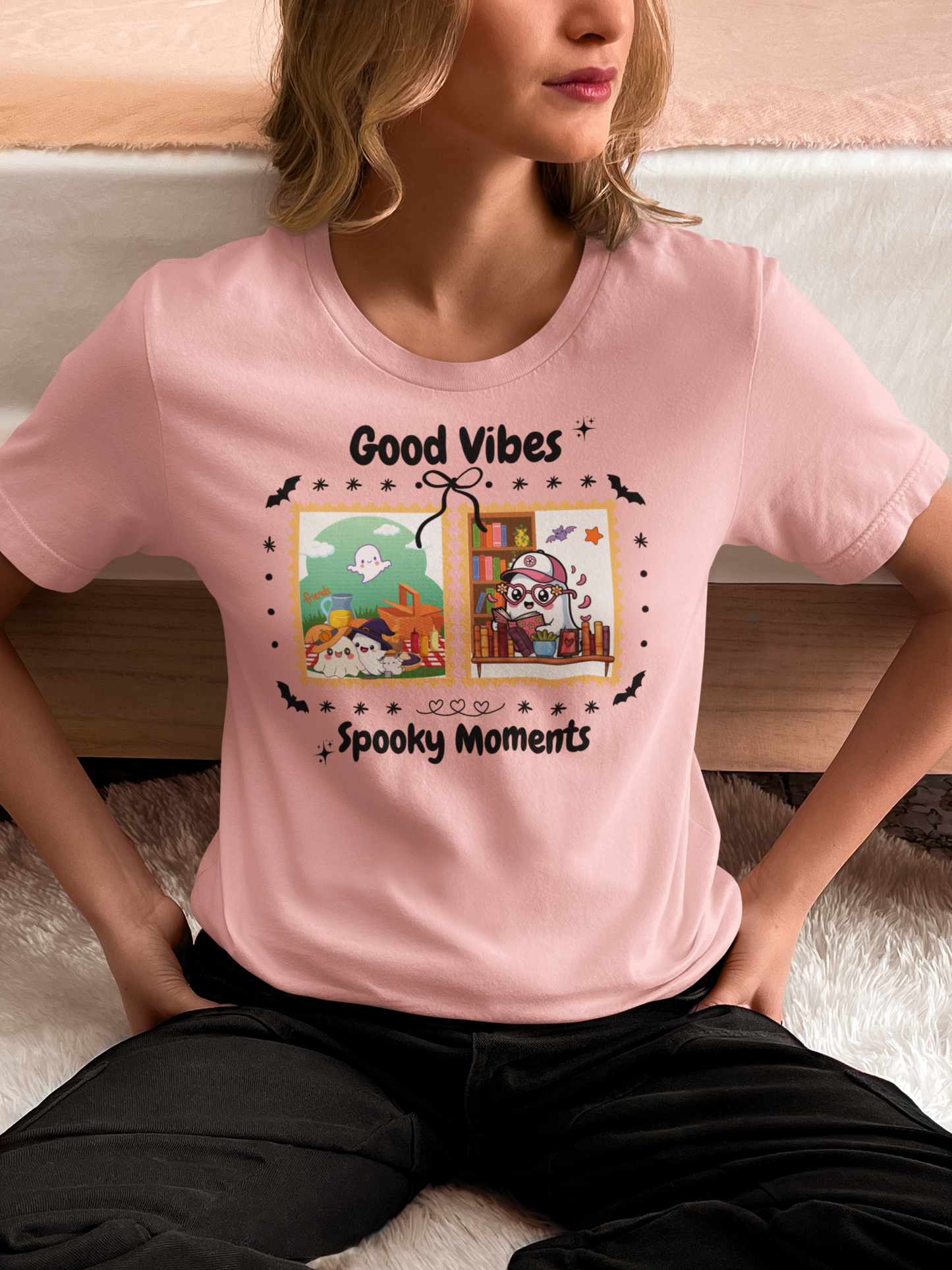 Women's Halloween T-Shirt "Ghosts in Action" - Between Books, Coffee, and a Fall Picnic. Fun Halloween T-Shirt for Work, Picnics, and Fun Casual and Festive Fall Style