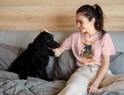 Women's Halloween T-Shirt "Spooky Love." Funny T-Shirt with Magical Paw Prints and Fall Pumpkins, Halloween Costume T-Shirt