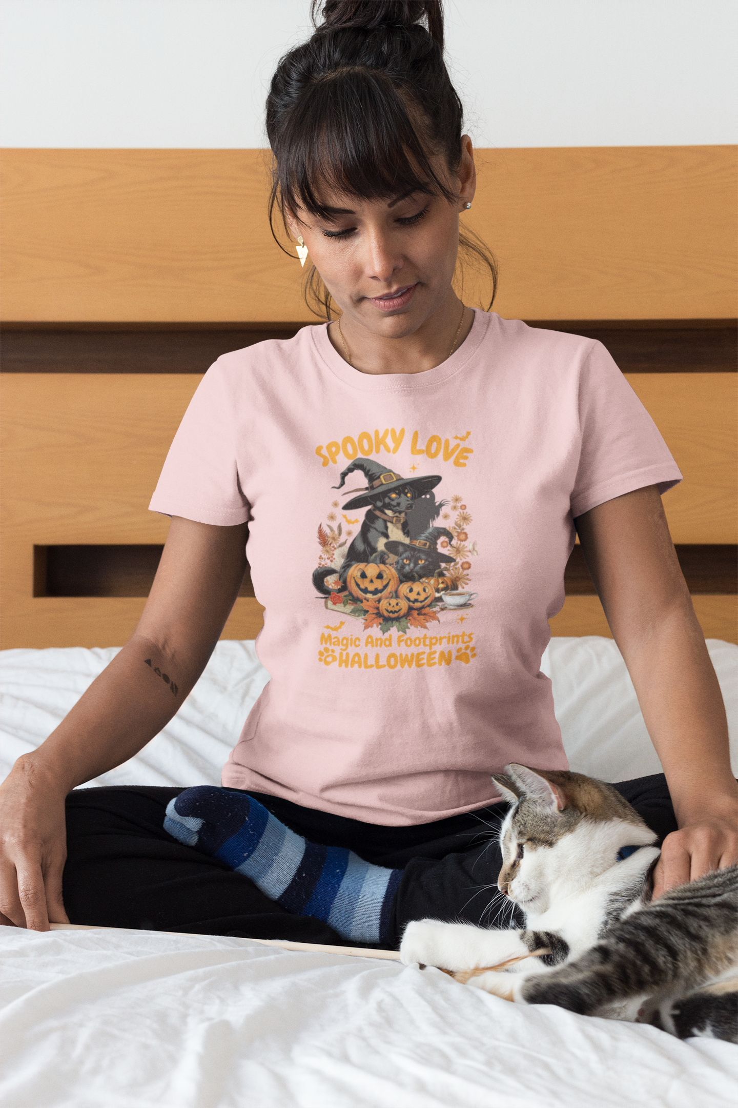Women's Halloween T-Shirt "Spooky Love." Funny T-Shirt with Magical Paw Prints and Fall Pumpkins, Halloween Costume T-Shirt