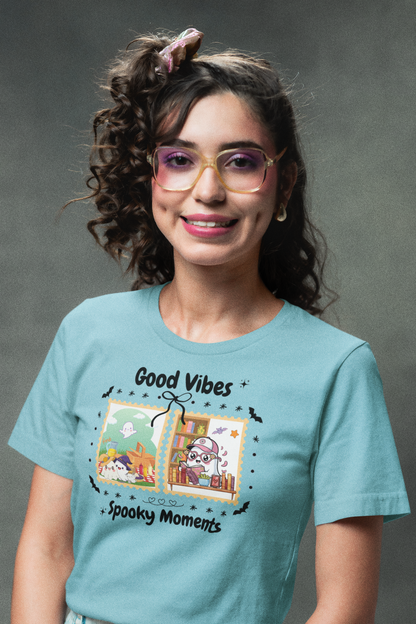 Women's Halloween T-Shirt "Ghosts in Action" - Between Books, Coffee, and a Fall Picnic. Fun Halloween T-Shirt for Work, Picnics, and Fun Casual and Festive Fall Style