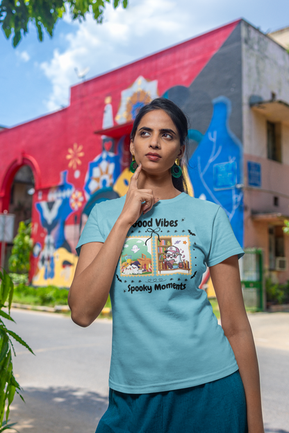 Women's Halloween T-Shirt "Ghosts in Action" - Between Books, Coffee, and a Fall Picnic. Fun Halloween T-Shirt for Work, Picnics, and Fun Casual and Festive Fall Style