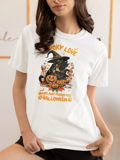 Women's Halloween T-Shirt "Spooky Love." Funny T-Shirt with Magical Paw Prints and Fall Pumpkins, Halloween Costume T-Shirt