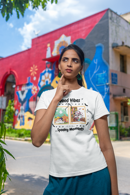 Women's Halloween T-Shirt "Ghosts in Action" - Between Books, Coffee, and a Fall Picnic. Fun Halloween T-Shirt for Work, Picnics, and Fun Casual and Festive Fall Style