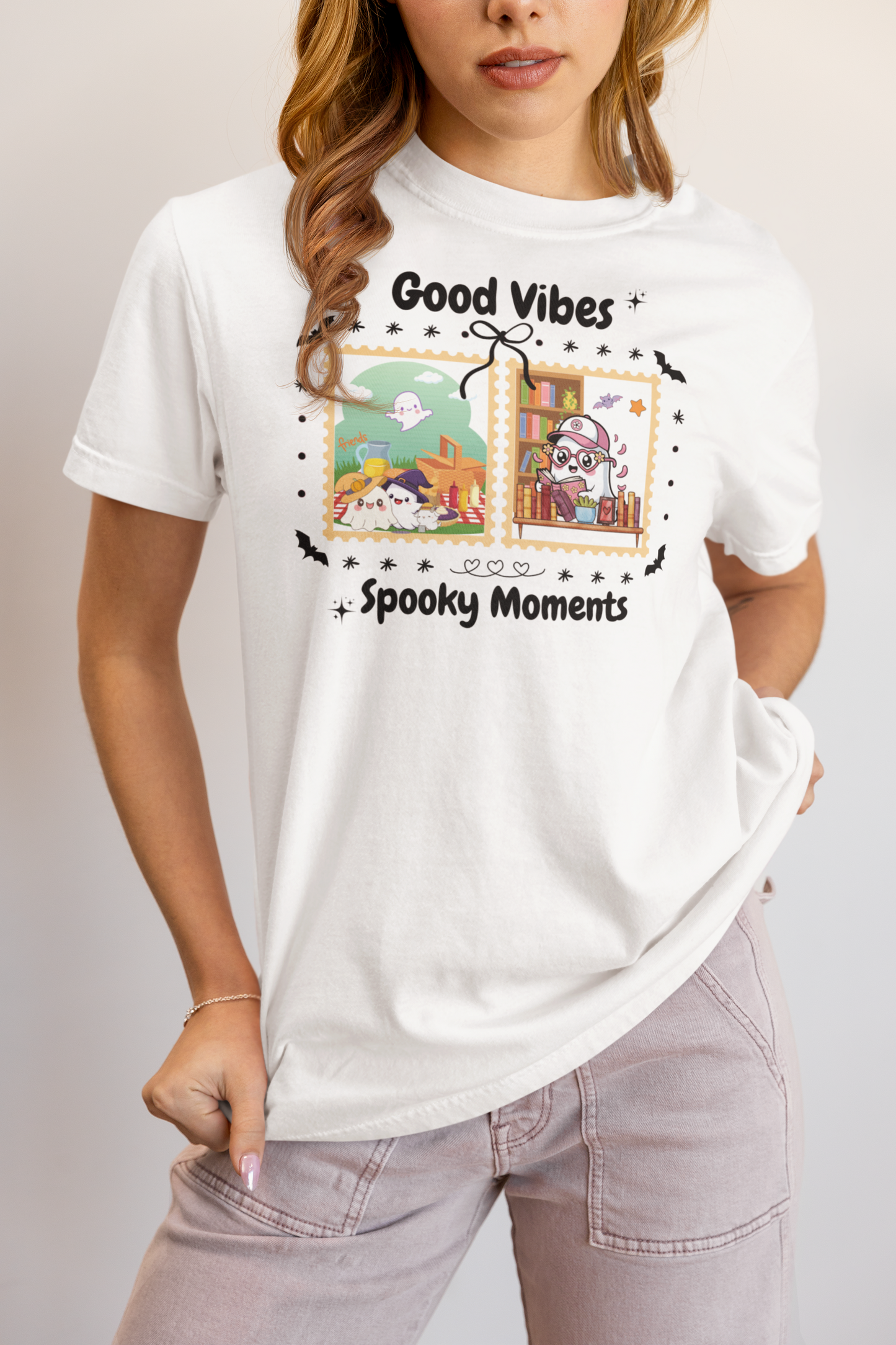 Women's Halloween T-Shirt "Ghosts in Action" - Between Books, Coffee, and a Fall Picnic. Fun Halloween T-Shirt for Work, Picnics, and Fun Casual and Festive Fall Style